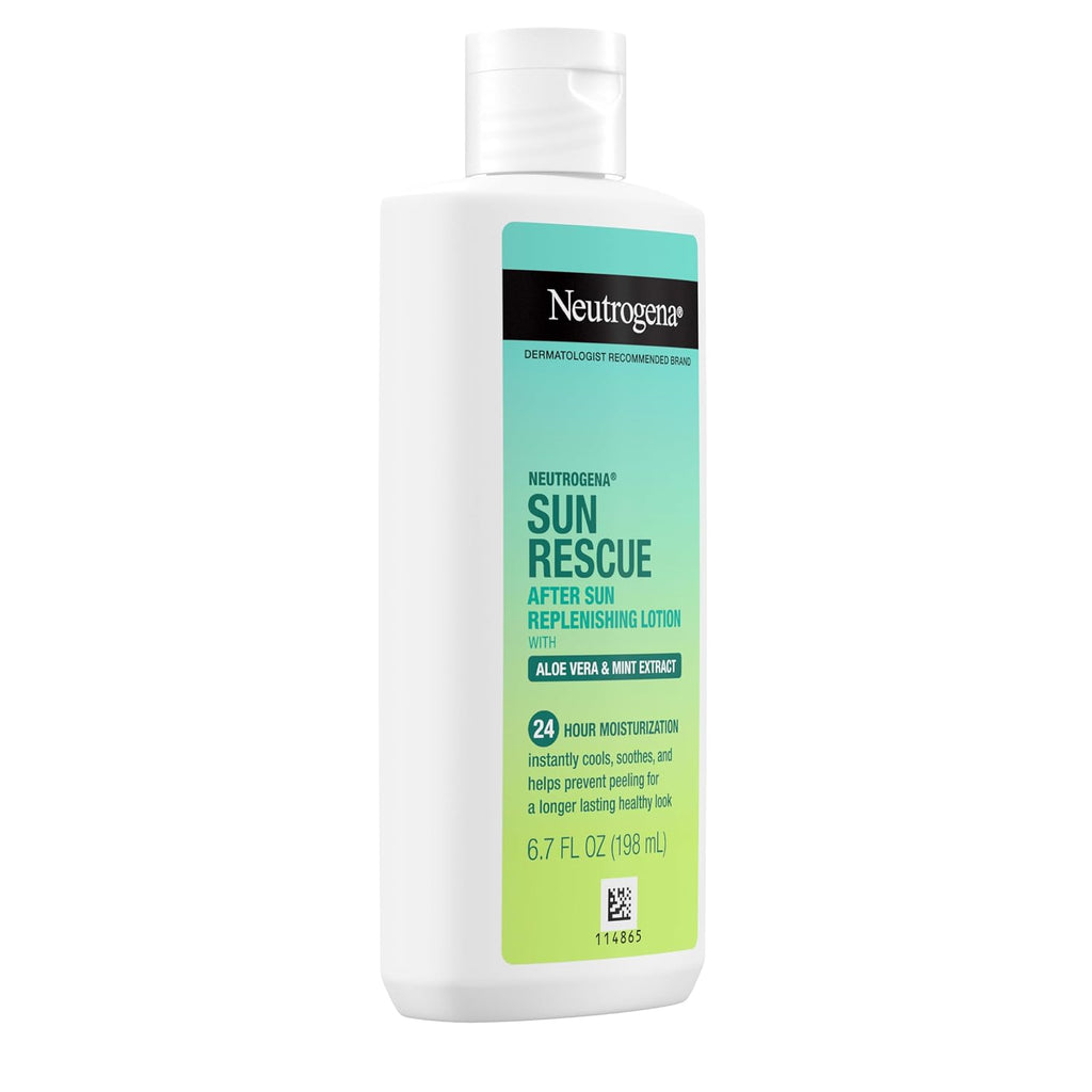 Neutrogena Sun Rescue After Sun Replenishing Lotion With Aloe Vera, Mint Extract, & Vitamin E, 24-Hour Moisture For Healthy Glow For Sensitive Skin, Vegan, Non-Comedogenic Lotion, 6.7 Oz