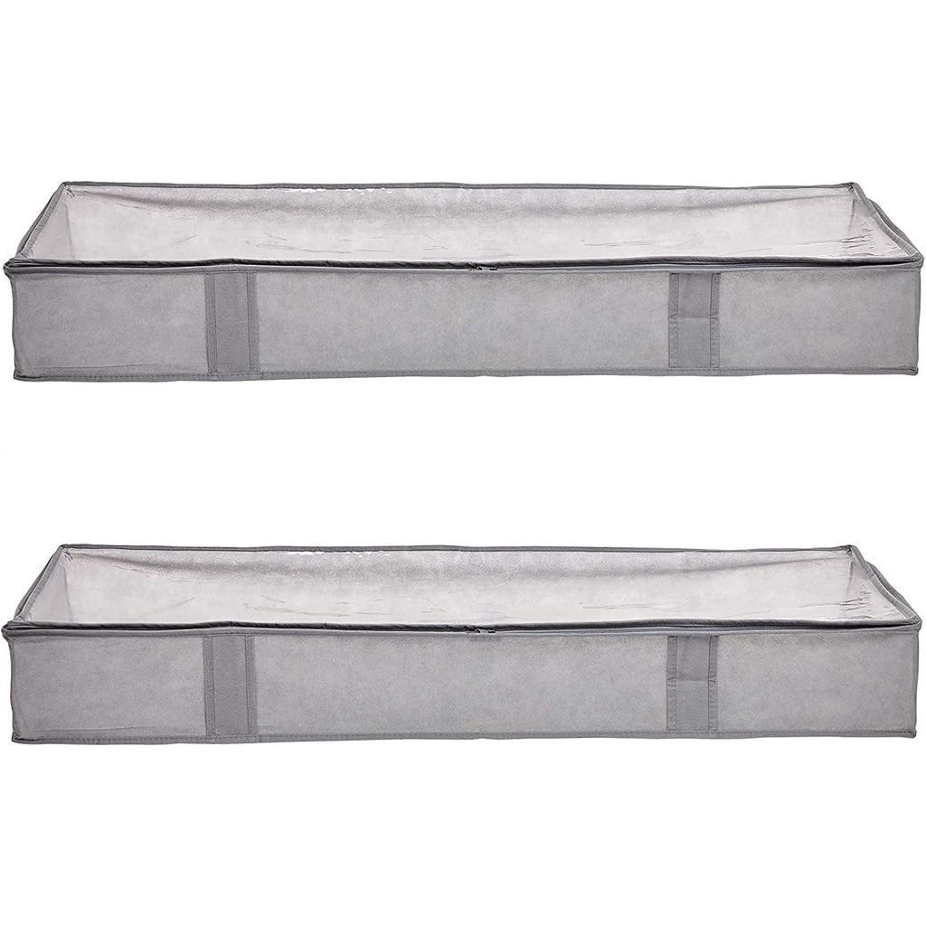 Amazon Basics Under Bed Storage Bags For Clothes And Blankets, Foldable Fabric Zipper Container With Clear Window And Reinforced Handles, Space Saving, 18 X 42 X 6 Inches, Gray, 2-Pack