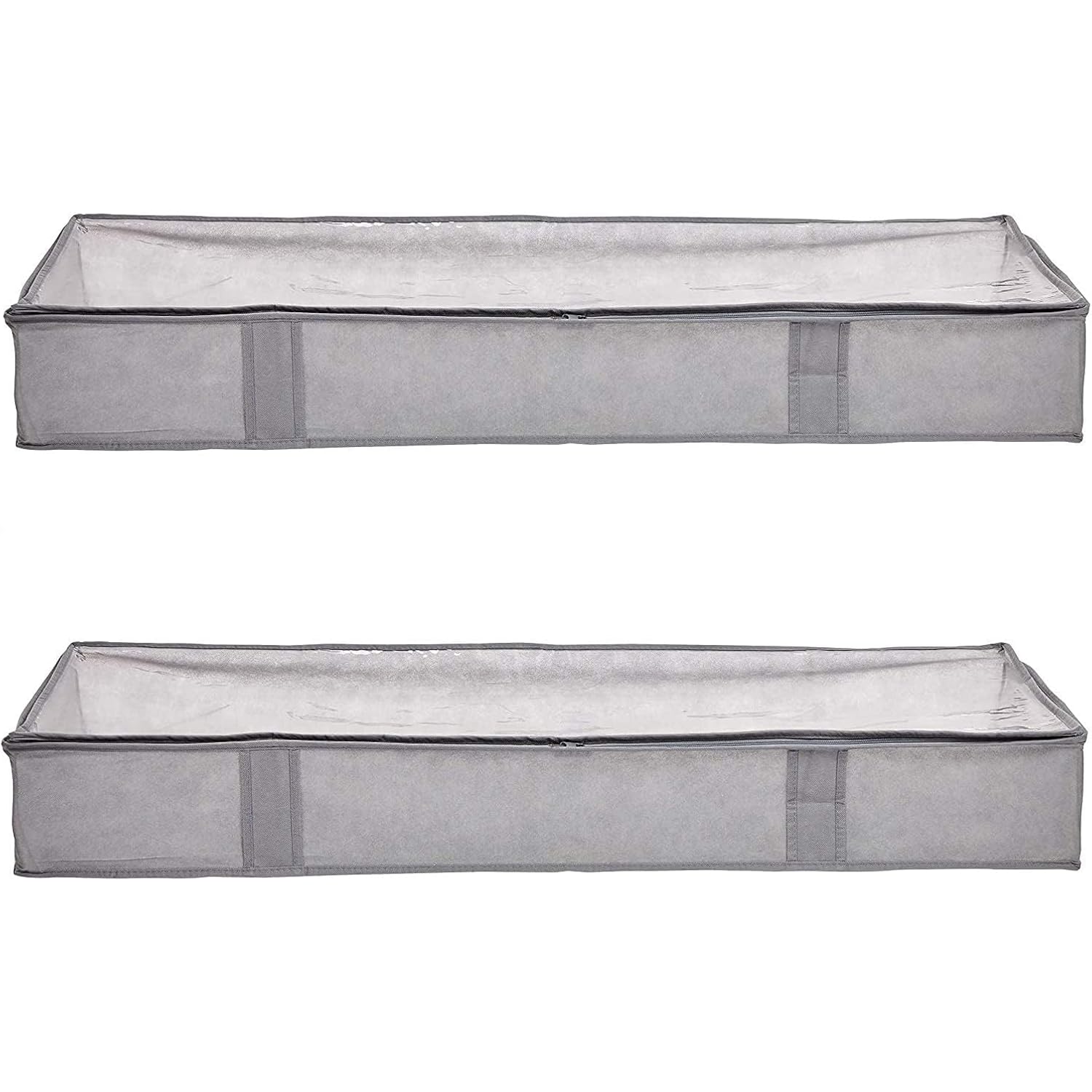 Amazon Basics Under Bed Storage Bags For Clothes And Blankets, Foldable Fabric Zipper Container With Clear Window And Reinforced Handles, Space Saving, 18 X 42 X 6 Inches, Gray, 2-Pack