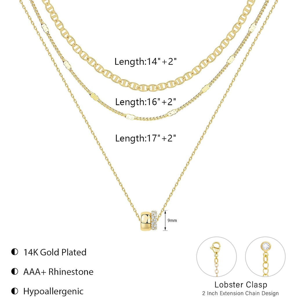 OGD Layered CZ Rondelle Pendant Necklaces for Women, 14K Gold Plated Trendy Mariner Chain Dainty Circle Rondelle Pendant Choker Necklace for Women Two-Toned Cubic Zirconia Gold Necklace