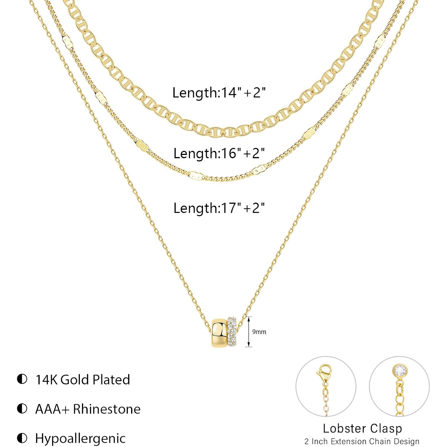 OGD Layered CZ Rondelle Pendant Necklaces for Women, 14K Gold Plated Trendy Mariner Chain Dainty Circle Rondelle Pendant Choker Necklace for Women Two-Toned Cubic Zirconia Gold Necklace