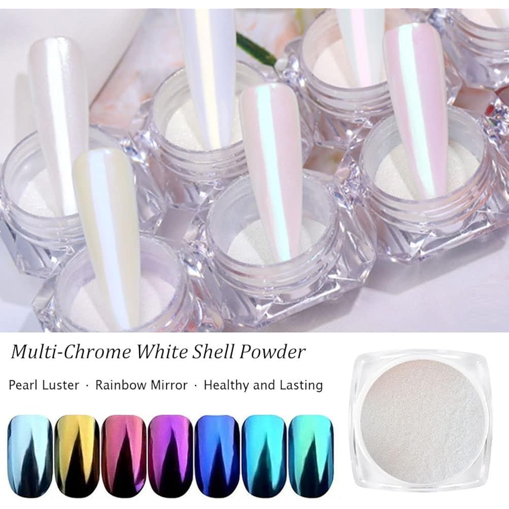7 Colors Chrome Nail Powder Set, Nail Chrome Bulk,White Pearl Iridescent Aurora Metallic Mirror Effect Dip Nail Powder Kit, Gel Polish Holographic Mermaid Pigment, Resin Craft,Nails Art Gift for Women