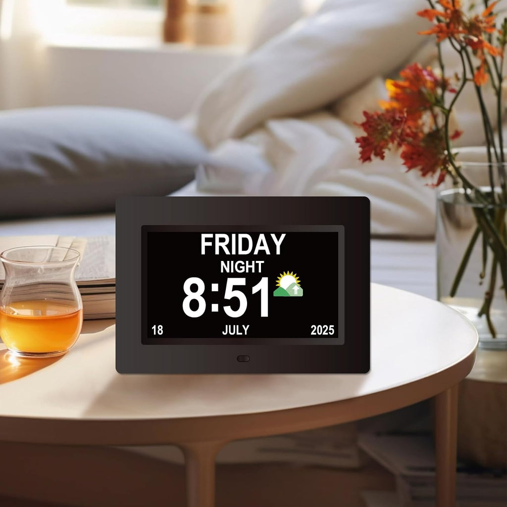 Digital Dementia Clocks For Seniors, 7 Inch, Black | Day Date Time Large Display For Poor Vision Easy Read, Medication Reminder Alarm, Spanish 10 Languages, Alzheimer Gifts