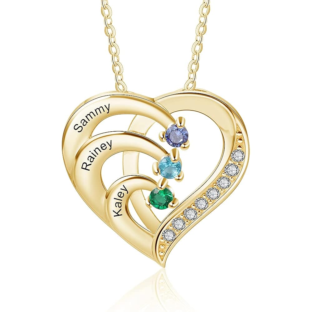 Jeweidea Personalized Sterling Silver Heart Necklace with Simulated Birthstones Custom Name Mother Daughter Promise Pendant for Women Mom Her