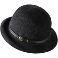 Women Straw Cloche Sun Hat Summer Church Hat 1920s Round Beach Bowler Bucket Hats Roll Brim Travel Caps Belt/Black