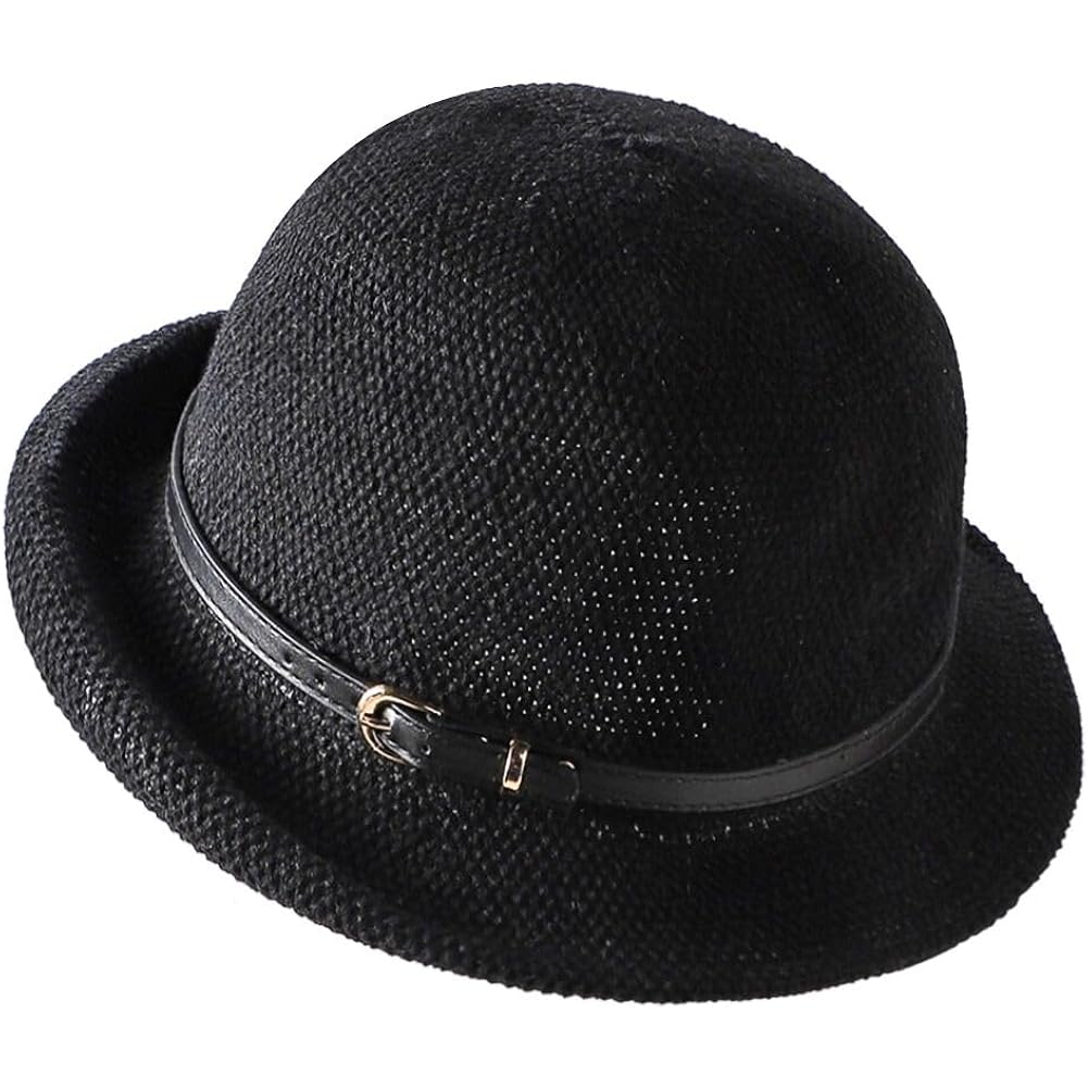 Women Straw Cloche Sun Hat Summer Church Hat 1920s Round Beach Bowler Bucket Hats Roll Brim Travel Caps Belt/Black