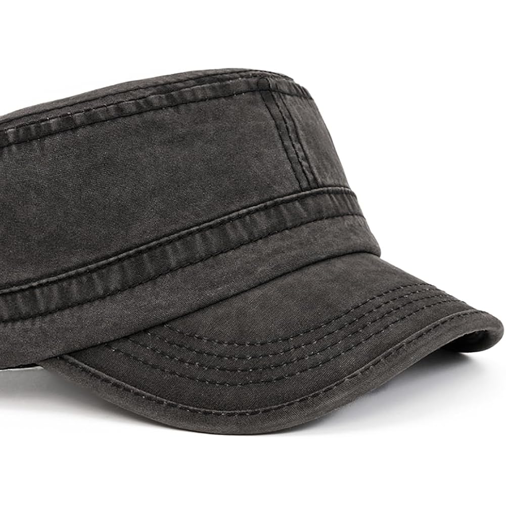 Military Cadet Army Cap for Men Women – Washed Cotton Vintage Adjustable Flat Top Hat Black