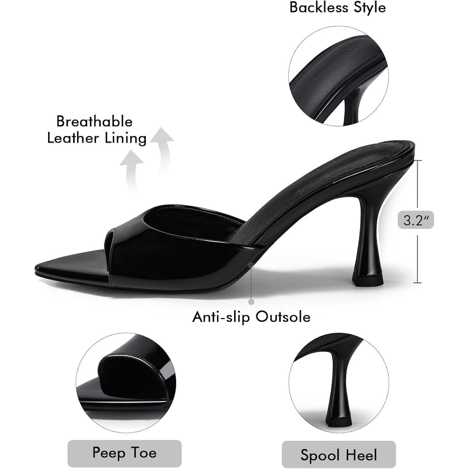 Coutgo Womens Heeled Mules Pointed Peep Toe High Heels Slip On Backless Mule Sandals Dress Shoes