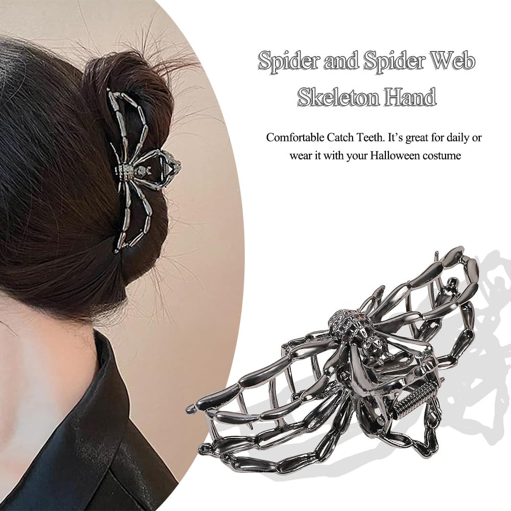 3Pcs Black Spider Web Skeleton Hand Skull Hair Claw Clips For Women And Girls, Hiphop Metal Large Medium Size For Thick Thin Hair, Headband Barrette For Styling Hair Accessories Party Gift (Black Gun)