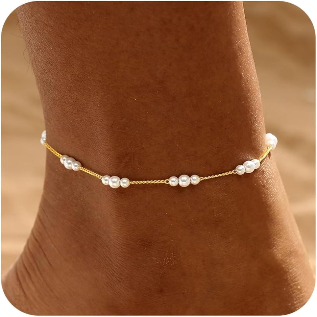 Warshion Ankle Bracelets for Women - 14K Gold Plated Waterproof Gold Anklet Delicate Chain Women's Anklets Summer Beach Pearl Jewelry Layering Gift Non Tarnish