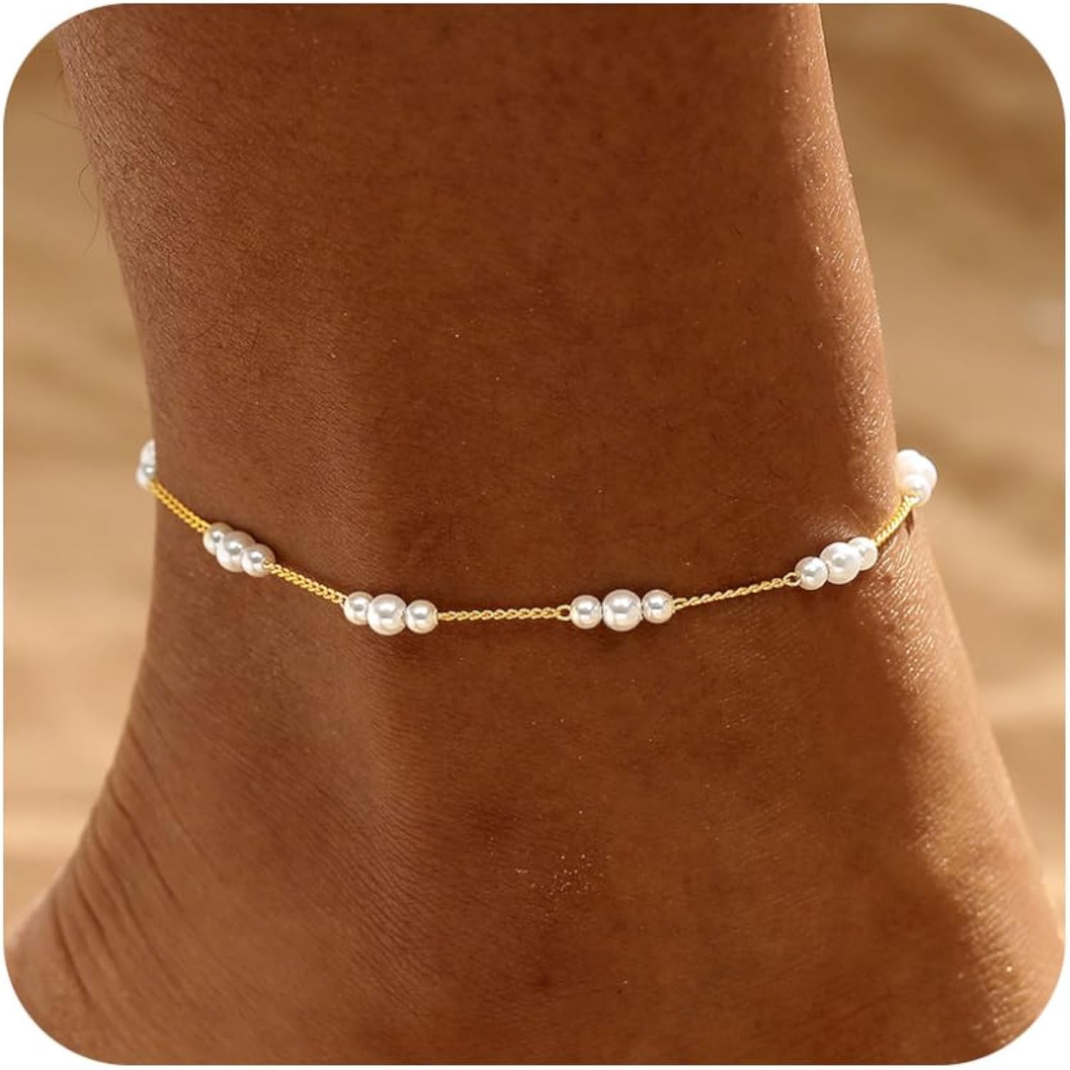 Warshion Ankle Bracelets for Women - 14K Gold Plated Waterproof Gold Anklet Delicate Chain Women's Anklets Summer Beach Pearl Jewelry Layering Gift Non Tarnish
