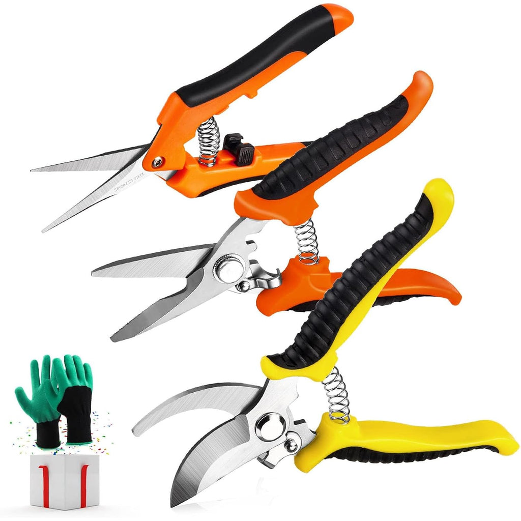 3 Pack Garden Pruning Shears Stainless Steel Blades Handheld Pruners Set With Gardening Gloves