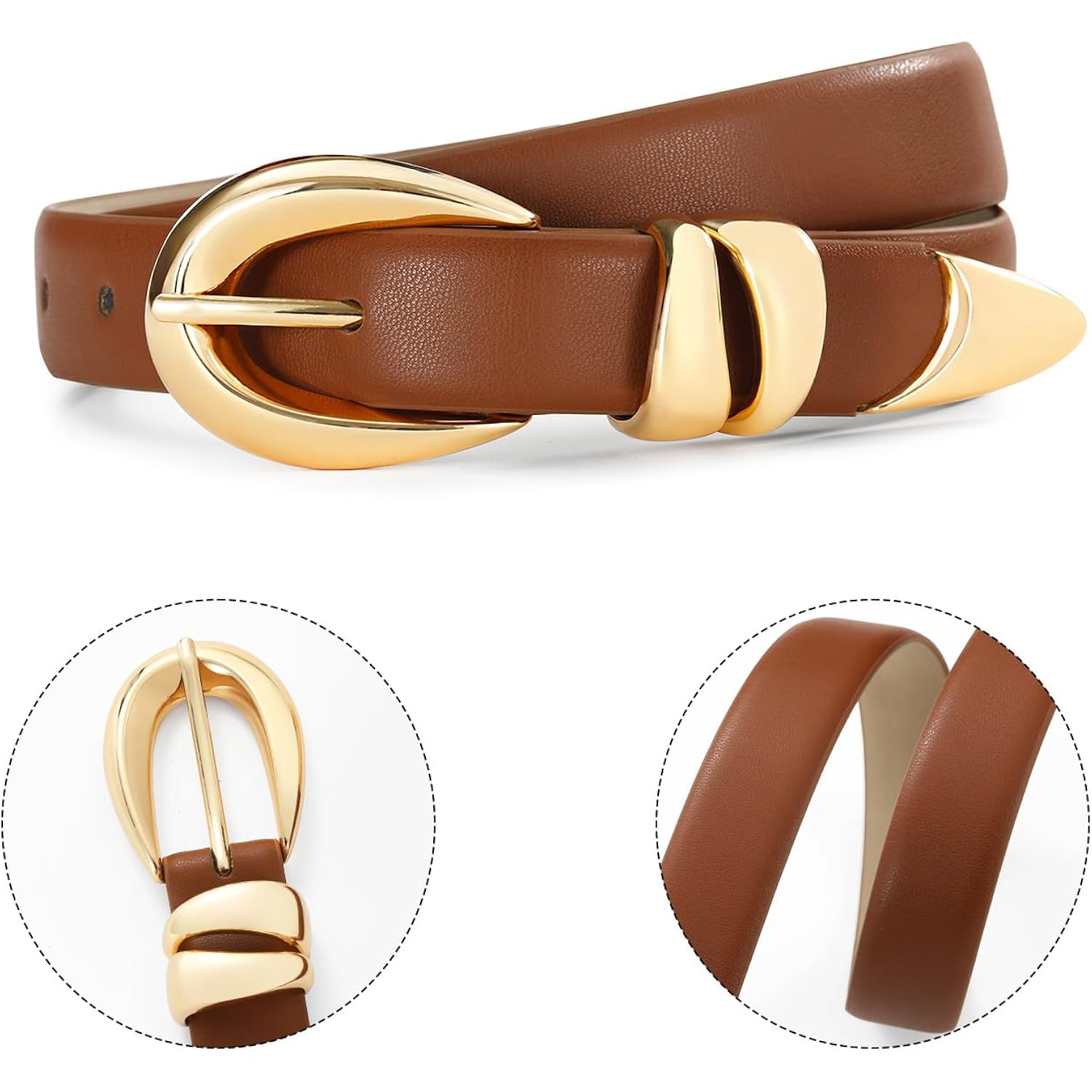 Belts for Women with Gold Buckle – Adjustable Black leather Belt for Jeans, Dress, Pants