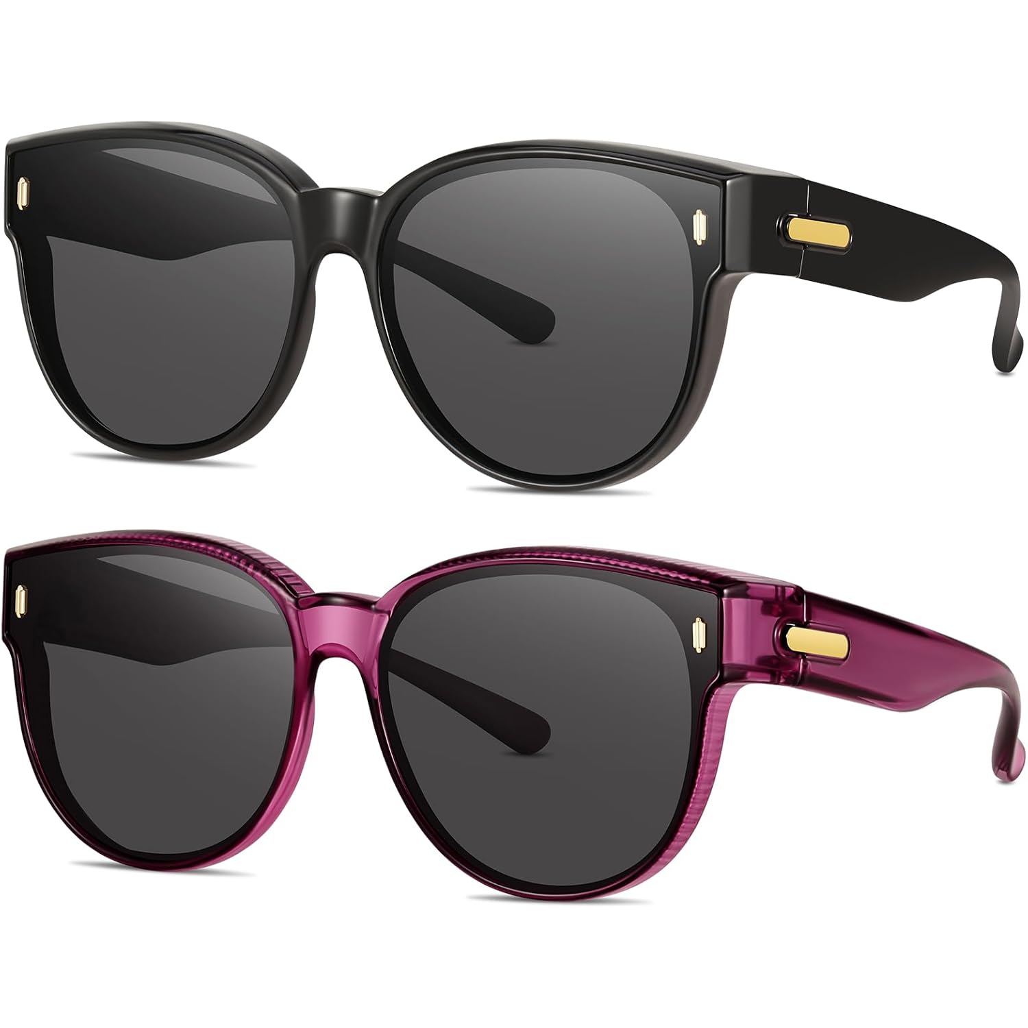 Polarized Fit Over Glasses Sunglasses for Women Stylish Oversized Cover Round UV400 Cat Eye Shades for go out Driving （black/Black+purple/Black）