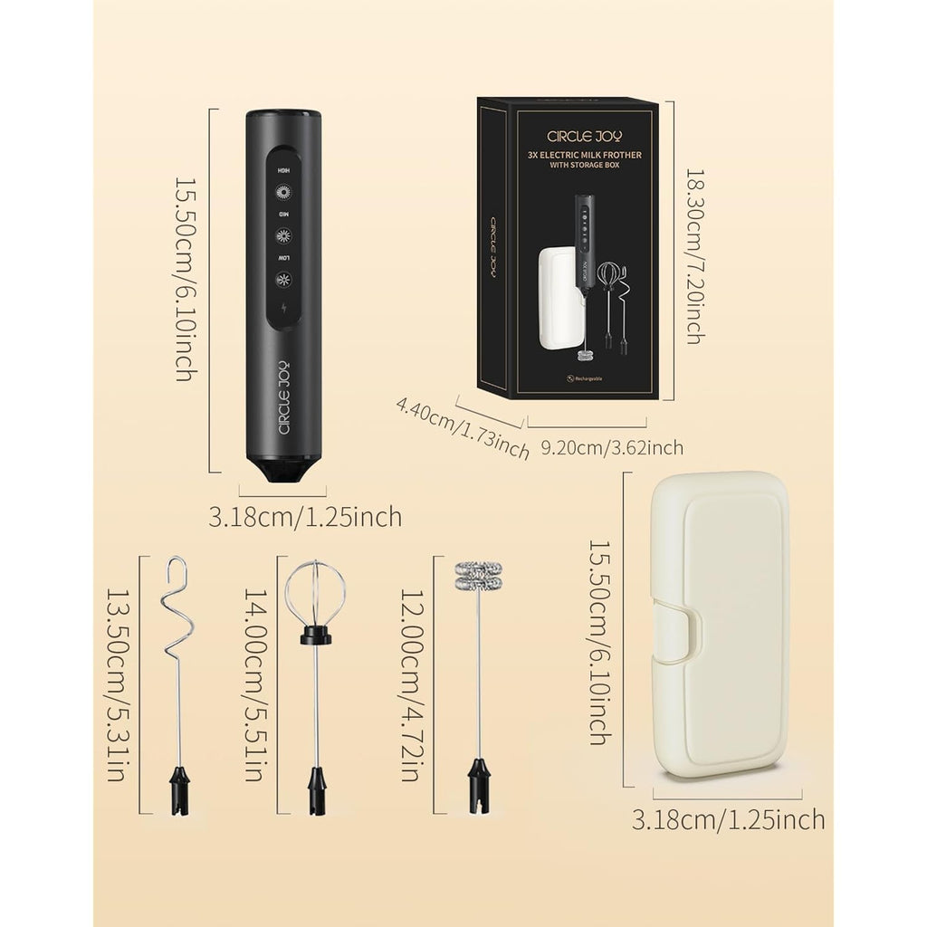 Circle Joy Rechargeable Handheld Milk Frother Wand With 3 Variable Speeds, 3 Whisks And Storage Box, Electric Drink Mixer For Latte, Cappuccino, Hot Chocolate, Eggs And Protein Powder, Black