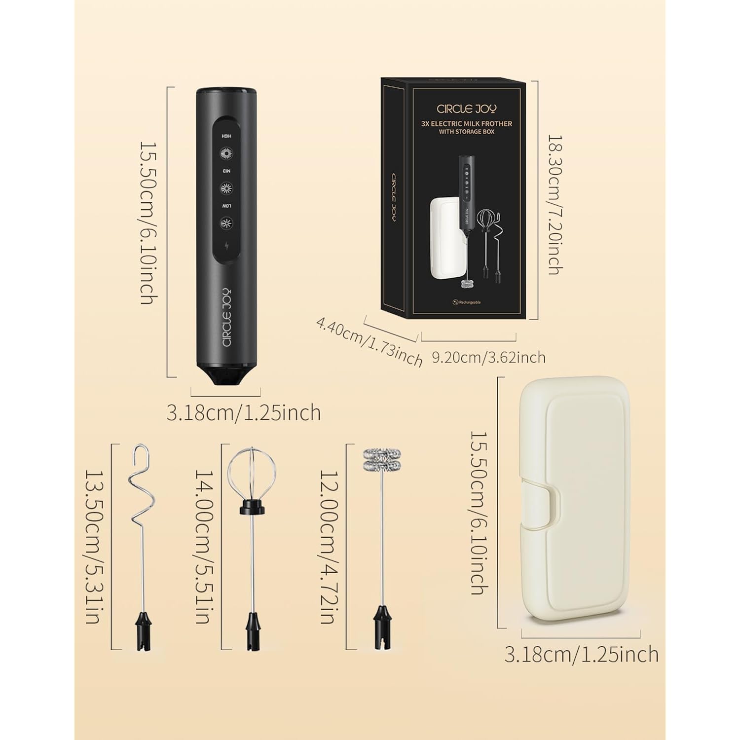 Circle Joy Rechargeable Handheld Milk Frother Wand With 3 Variable Speeds, 3 Whisks And Storage Box, Electric Drink Mixer For Latte, Cappuccino, Hot Chocolate, Eggs And Protein Powder, Black