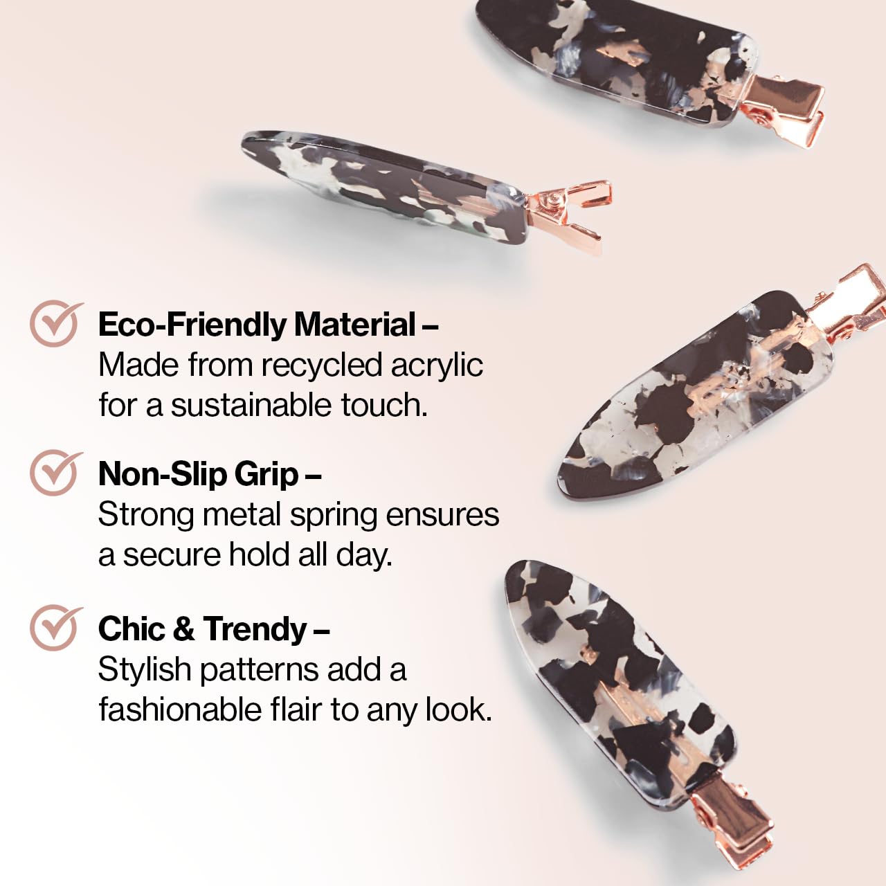 Kitsch Creaseless Hair Clips For Women - No Crease, No Bend Hair Clips For Styling, Bangs, Makeup Application, Face Wash | Recycled Acrylic - Black Terrazzo, 4Pcs