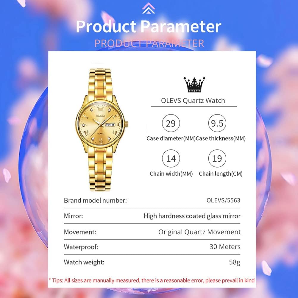 Olevs Gold Watch For Women With Date Day Stainless Steel Waterproof Small Face Quartz Analog Ladies Watches Fashion Gold Black White Dial Female Wristwatch