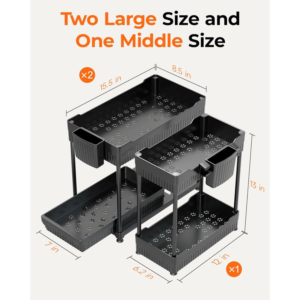 Sevenblue 3 Pack Under Sink Organizers,2-Tier Multi-Use Kitchen and Bathroom Organizers and Storage with Sliding Drawers,Bathroom Cabinet Organizer (Black,12.8 Inch)