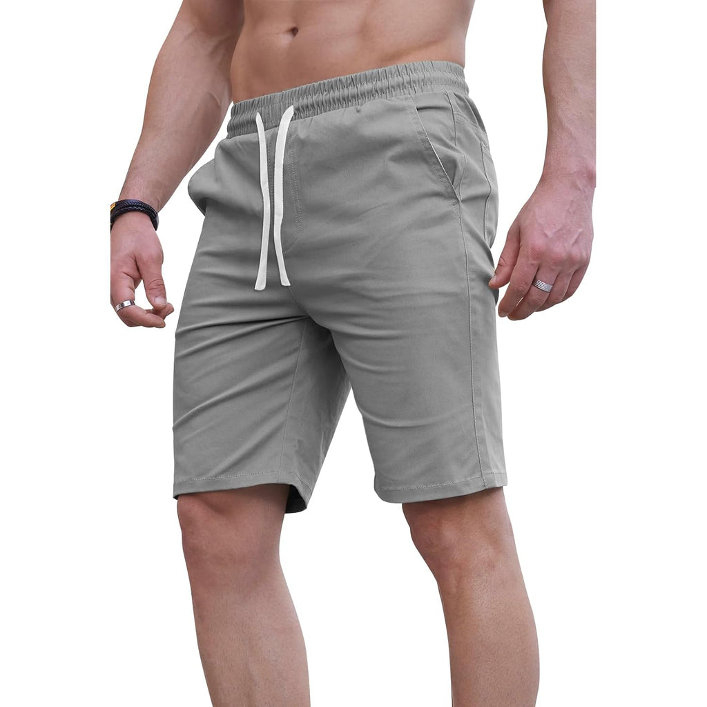 Hungson Mens Casual Shorts 9" Chino Cotton Shorts Summer Beach Drawstring Shorts With Pockets