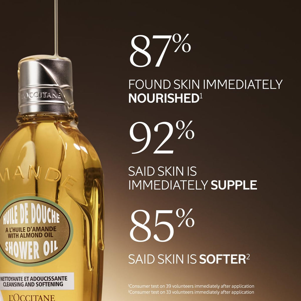 L'Occitane Cleansing & Softening Almond Shower Oil, Body Wash & Shaving Base Purifies & Smooths Without Drying Skin, Milky Lather, Nourishing Skincare
