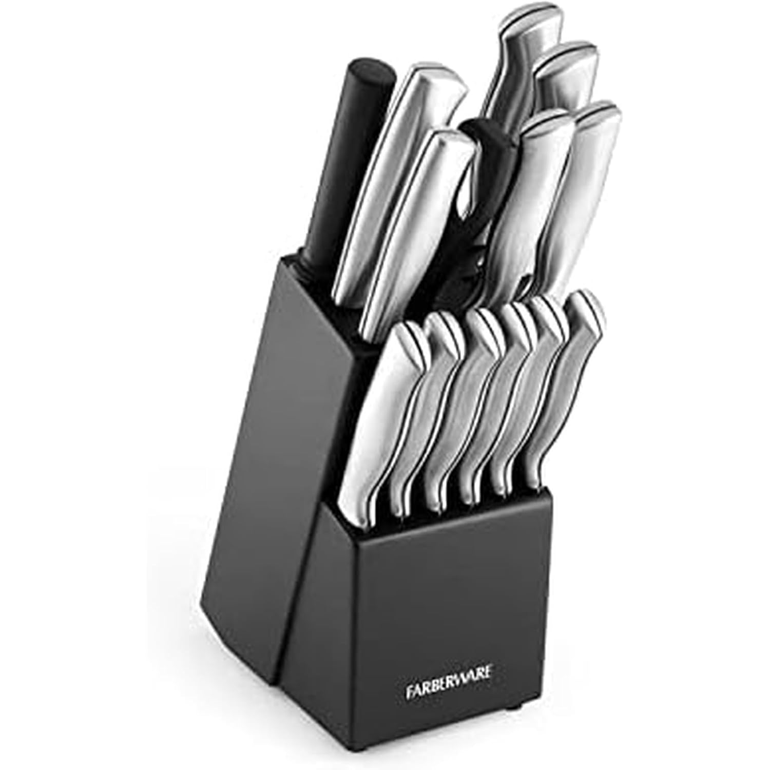 Farberware 15-Piece Kitchen Knife Set, High-Carbon Stainless Steel Blades with Wood Block, Steak Knives, Sharpening Tool & All-Purpose Shears, Razor Sharp, Ergonomic Stainless Steel Handles