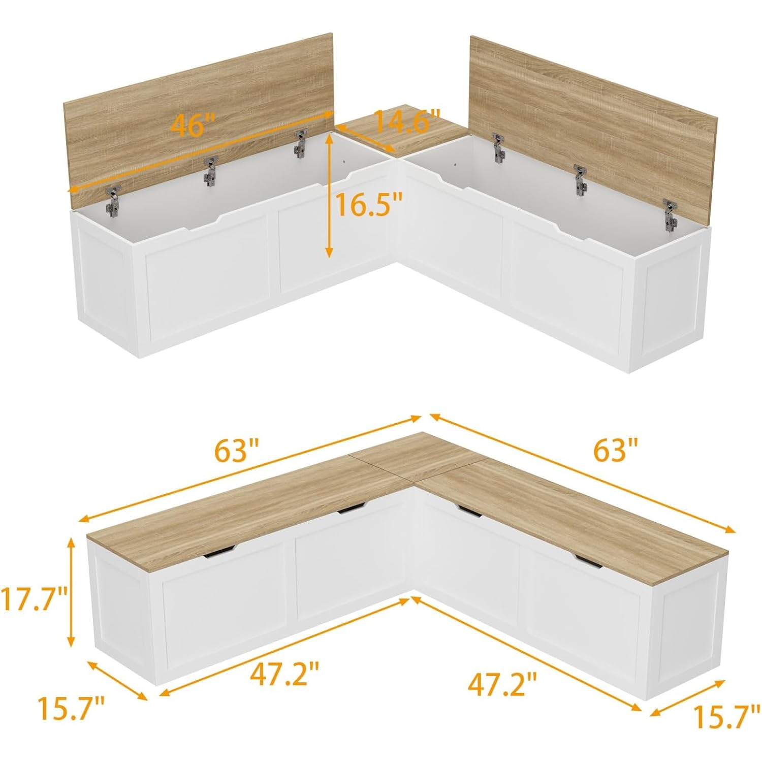 L Shaped Breakfast Nook Bench With Hidden Storage, 63 Inch Corner Dining Bench For Small Kitchen, Breakfast Nook Set For Dining Room, Entryway, Oak 63”L X 63”W X 17.7”H