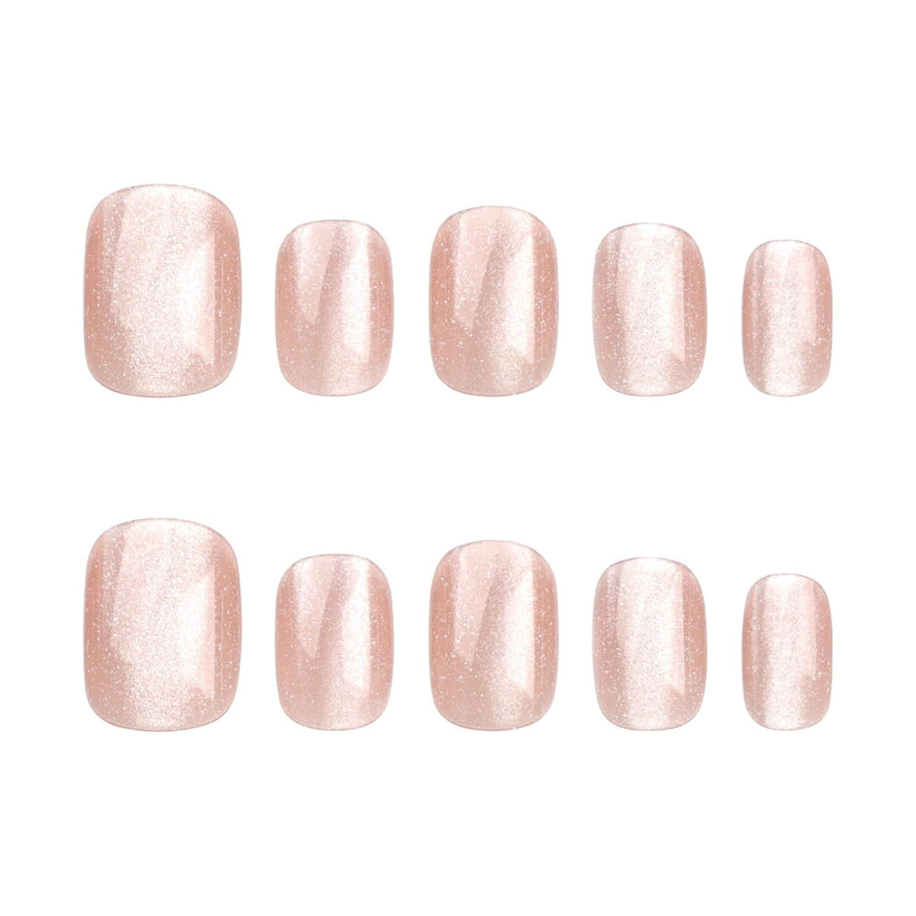 Short Press on Pink Acrylic Glossy Squoval Fake Nails With Designs - Nude False Glitter Glue-On Finish Stick-On Nails for Women Girls - Nail Decoration 24Pcs