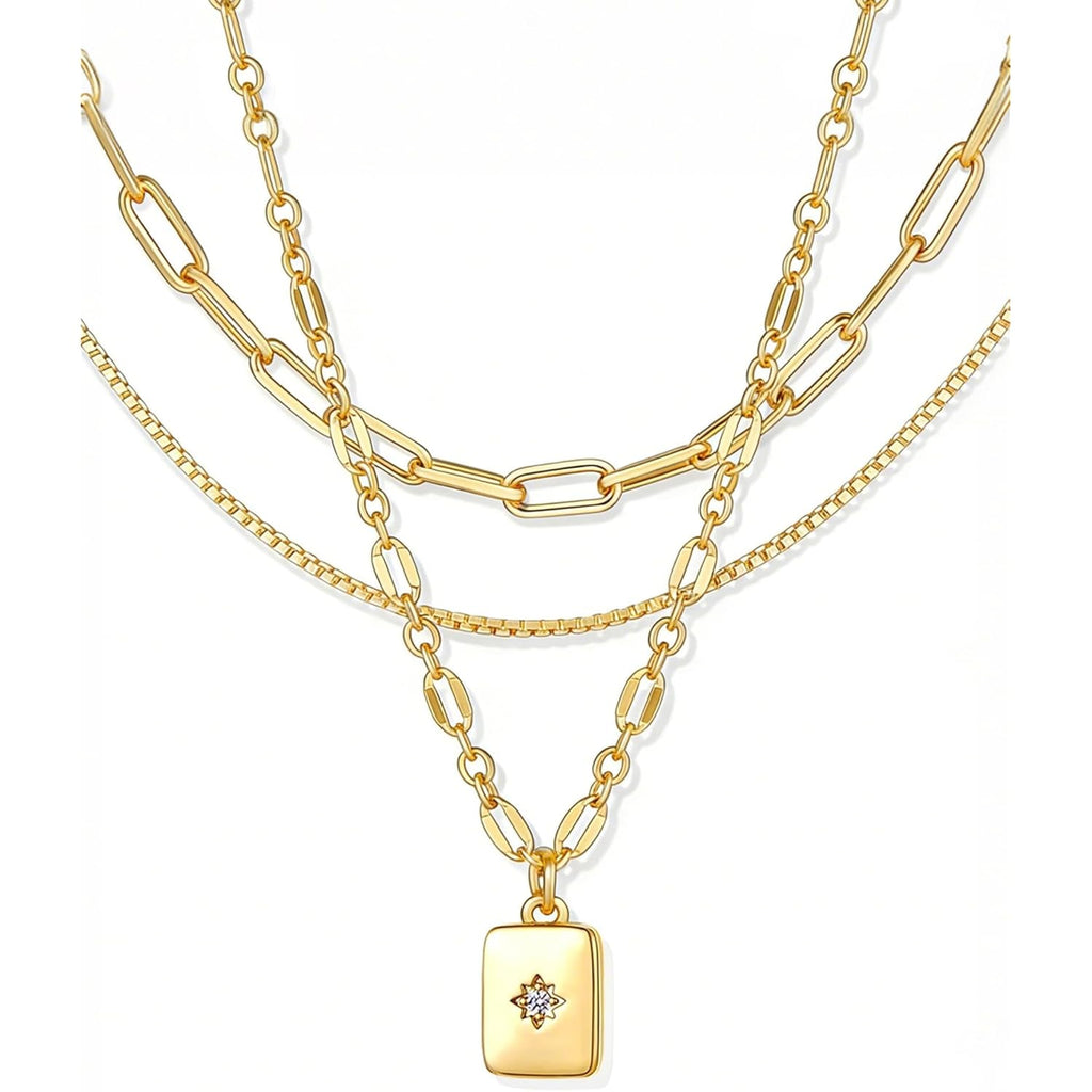 YEEZII Layered Gold Necklaces for Women Trendy, 3 Pcs 14K Gold Plated Choker Paperclip Box Chain Necklace, Stackable Women's Gold Pendant Necklaces Jewelry Set