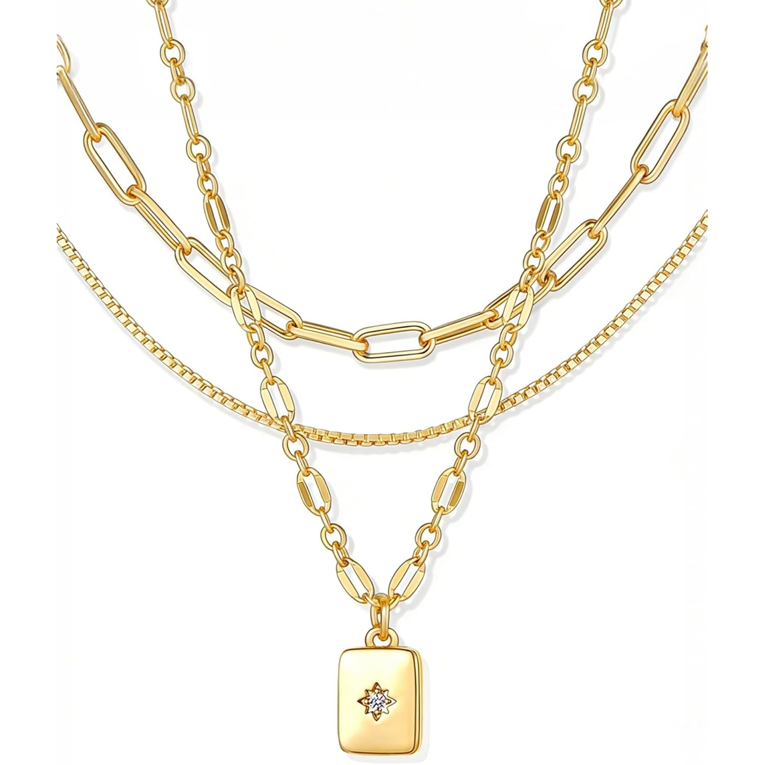 YEEZII Layered Gold Necklaces for Women Trendy, 3 Pcs 14K Gold Plated Choker Paperclip Box Chain Necklace, Stackable Women's Gold Pendant Necklaces Jewelry Set