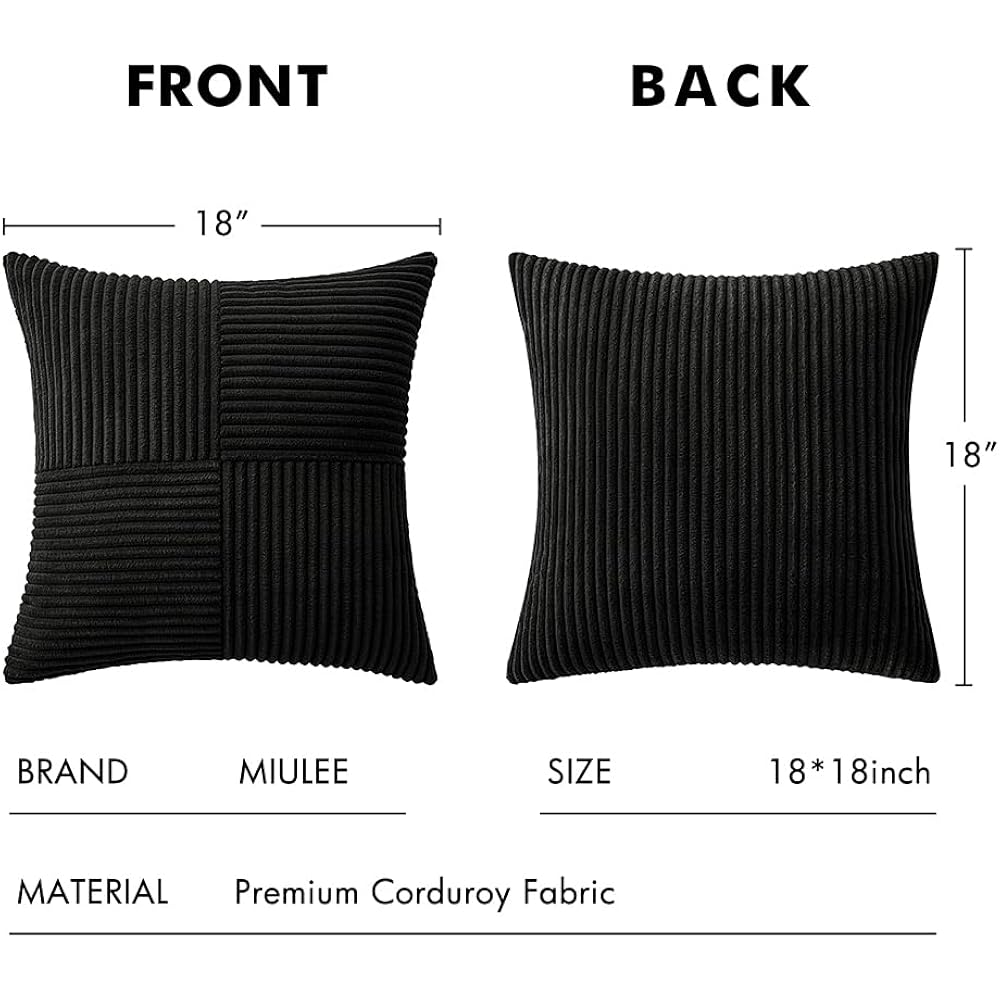 MIULEE Black Decorative Throw Pillow Covers 18x18 Inch for Couch Bed Sofa Pack of 2 Boho Farmhouse Throw Pillows Soft Cross Corduroy Patchwork Textured Cushion Cases