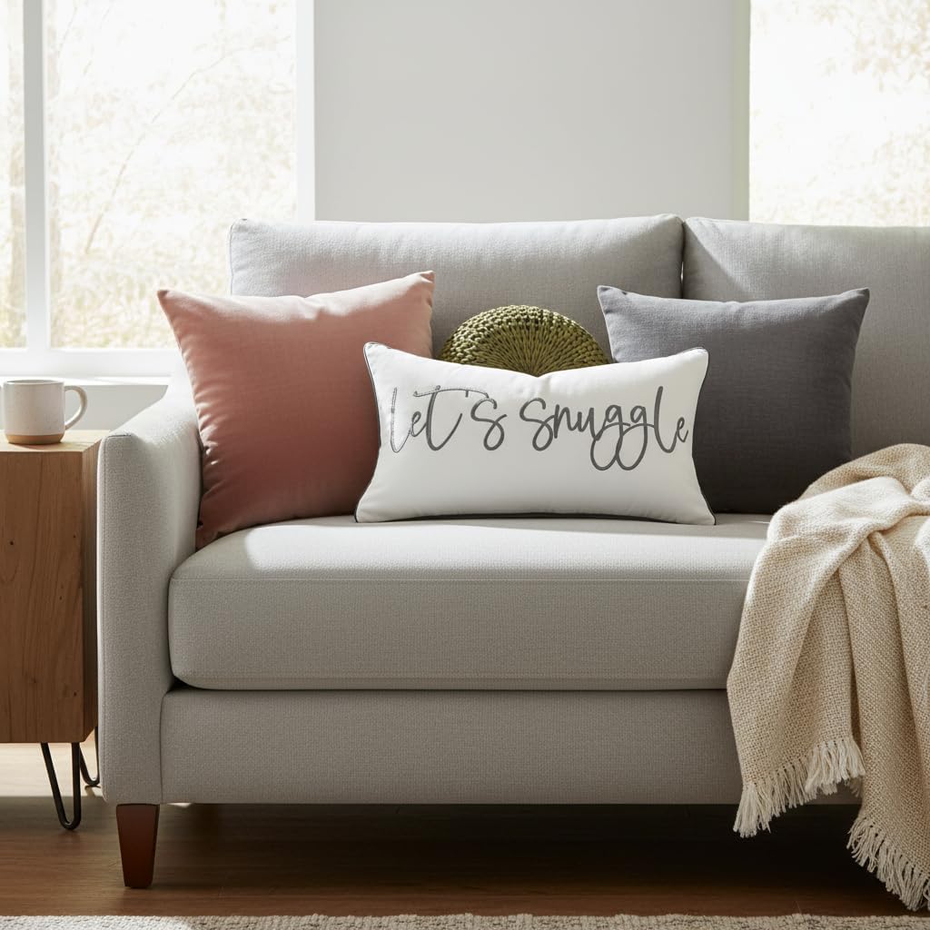 Sunkifover Let's Snuggle Decorative Lumbar Pillow Cover - 12x20 Inch White and Grey Cotton Embroidery Throw Pillowcase for Bed, Bedroom, Living Room, Home Decor