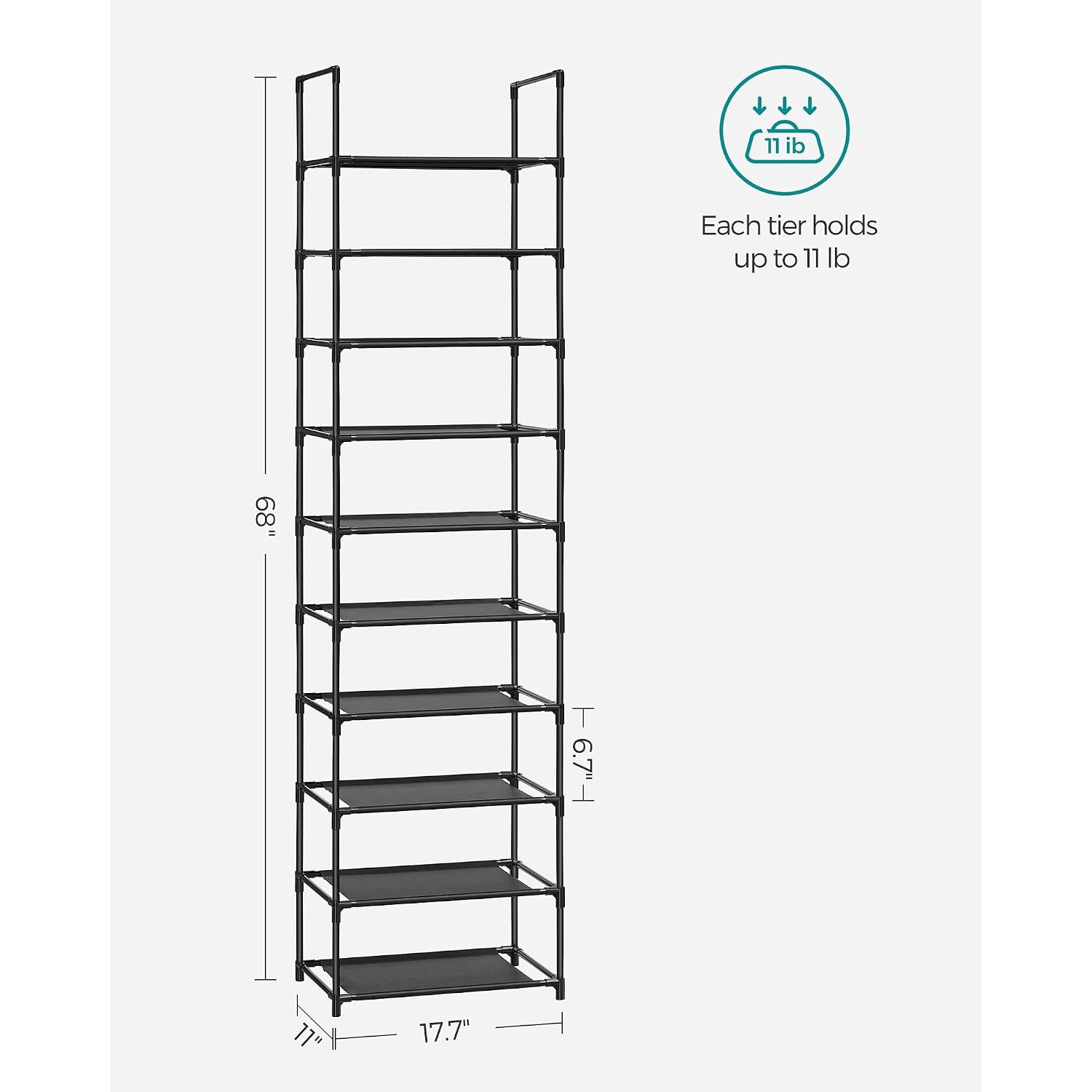 Songmics Shoe Rack, 10-Tier Shoe Shelf, Shoe Storage Organizer, 11 X 17.7 X 68 Inches, Metal Frame, Non-Woven Fabric Shelves, For Entryway, Bedroom, Black Ulsh010B02