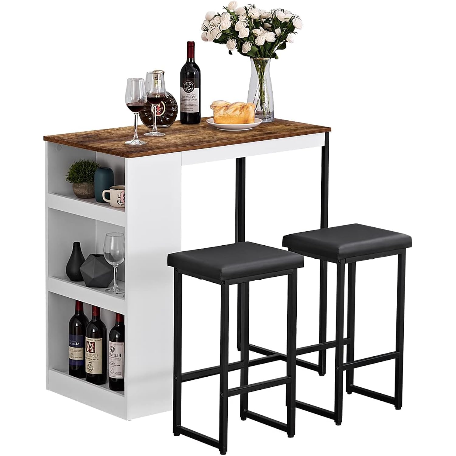 Panana 3 Piece Dining Table Set Kitchen Bar Table With Two Stool Storage Shelves Wood Counter Height Table Top With Sew Kerf Finish Dining Room Home