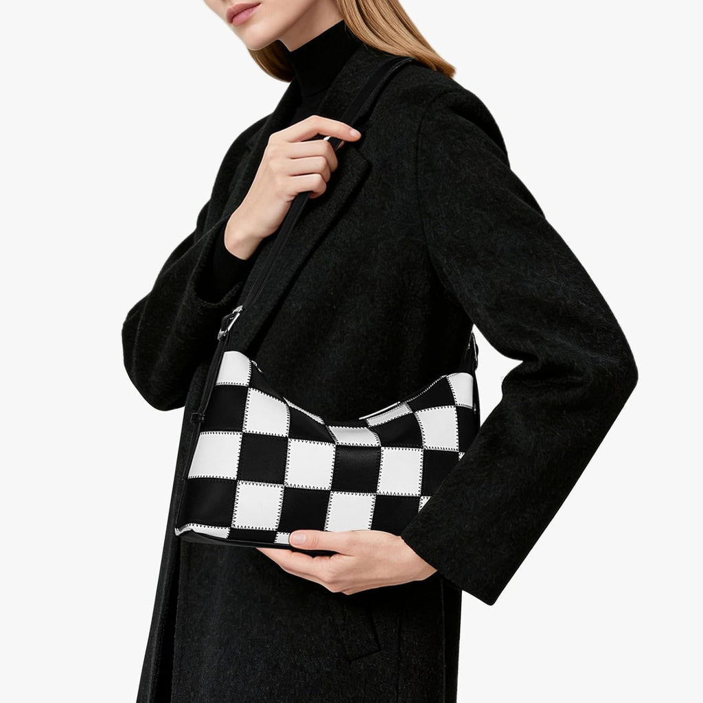 hibear Checkered Shoulder Bag for Women Classic Black and White Purse Trendy Crossbody Purse Leather Totes Hobo Handbag