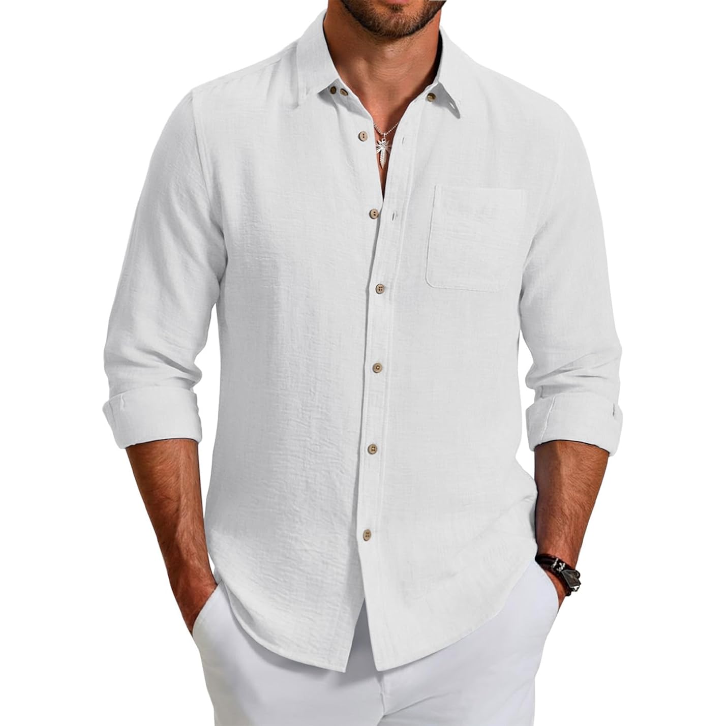 Coofandy Men'S Long Sleeve Button Down Shirt Casual Untucked Shirts Summer Beach Wedding Linen Textured Shirts