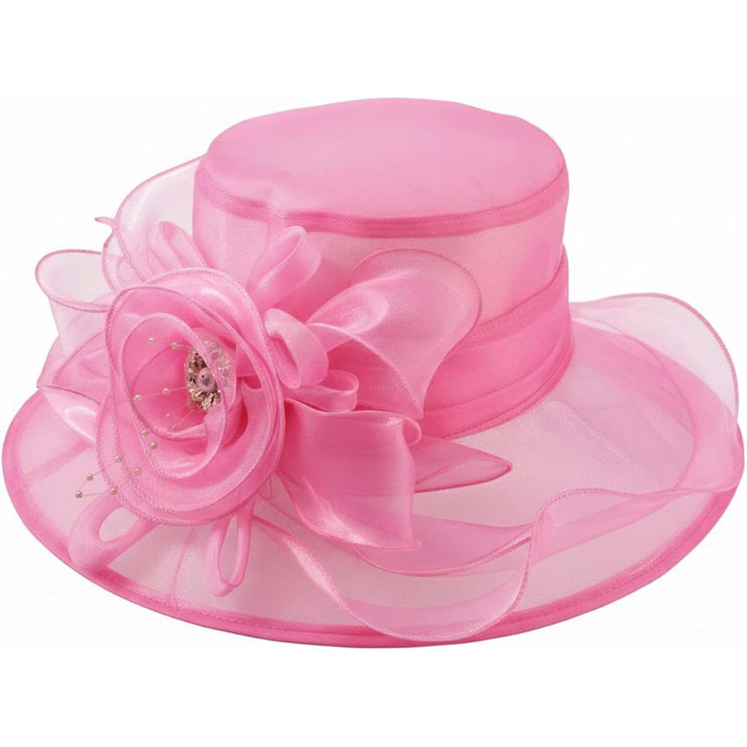 DRESHOW Women Organza Hat Church Cap Hats Clearance Kentucky Derby Cocktail Tea Party Wedding Flower Hat with Wide Brim Flower Hat: Pink