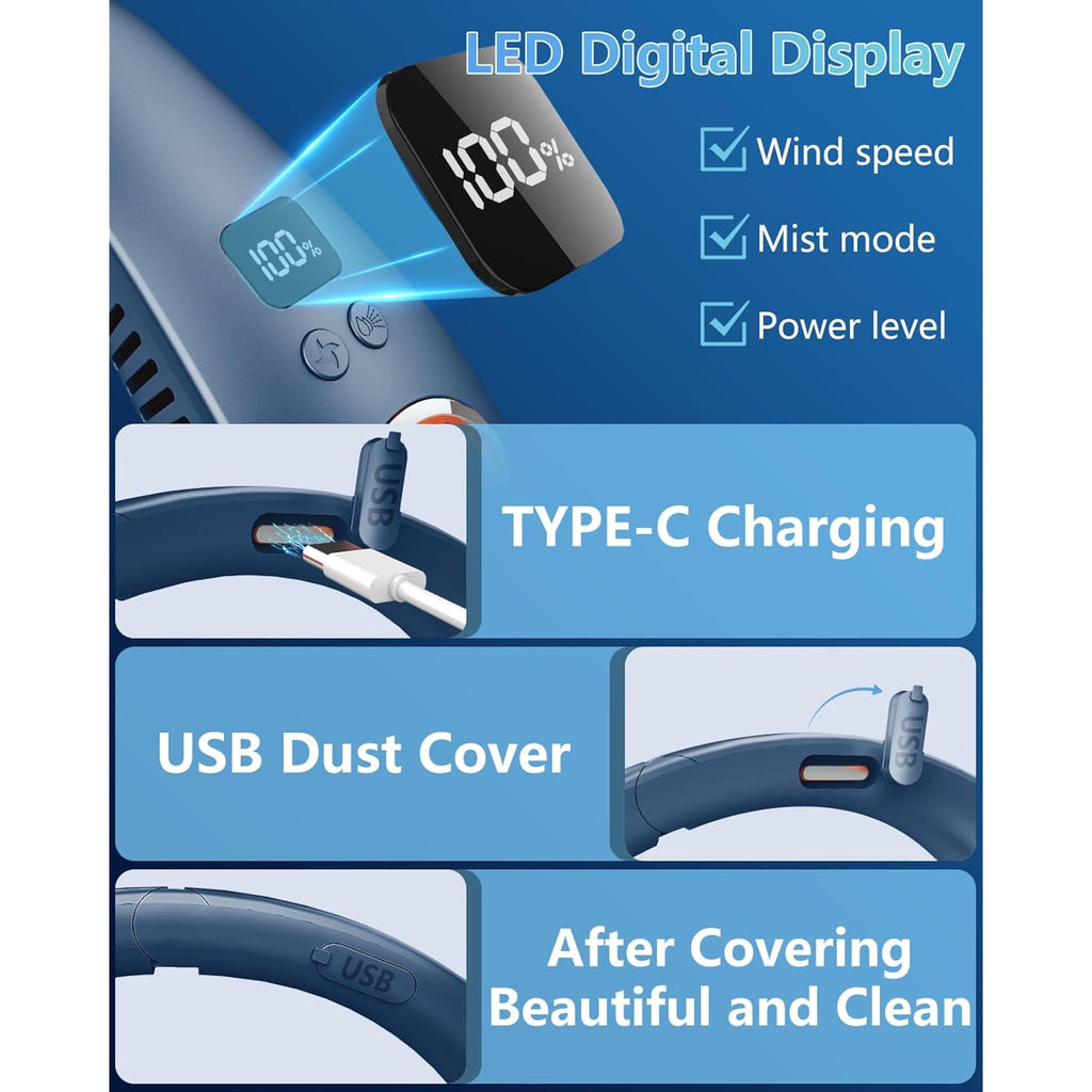 Neck Fan With Mist Spray, Bladeless Fans That Blow Cold Air, 5 Speeds, 2 Mist Modes, Usb-C Rechargeable, Led Battery & Wind Display, Folding For Outdoor Travel Work, Women Men Kids Gifts (Blue)