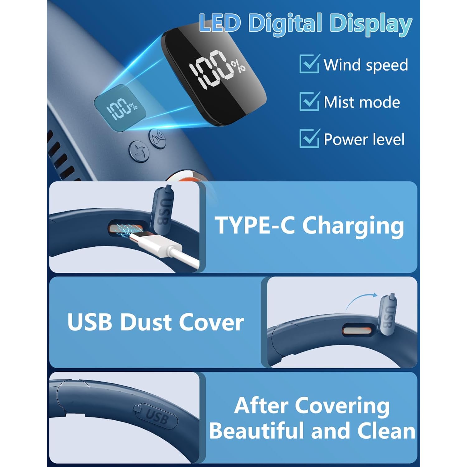 Neck Fan With Mist Spray, Bladeless Fans That Blow Cold Air, 5 Speeds, 2 Mist Modes, Usb-C Rechargeable, Led Battery & Wind Display, Folding For Outdoor Travel Work, Women Men Kids Gifts (Blue)