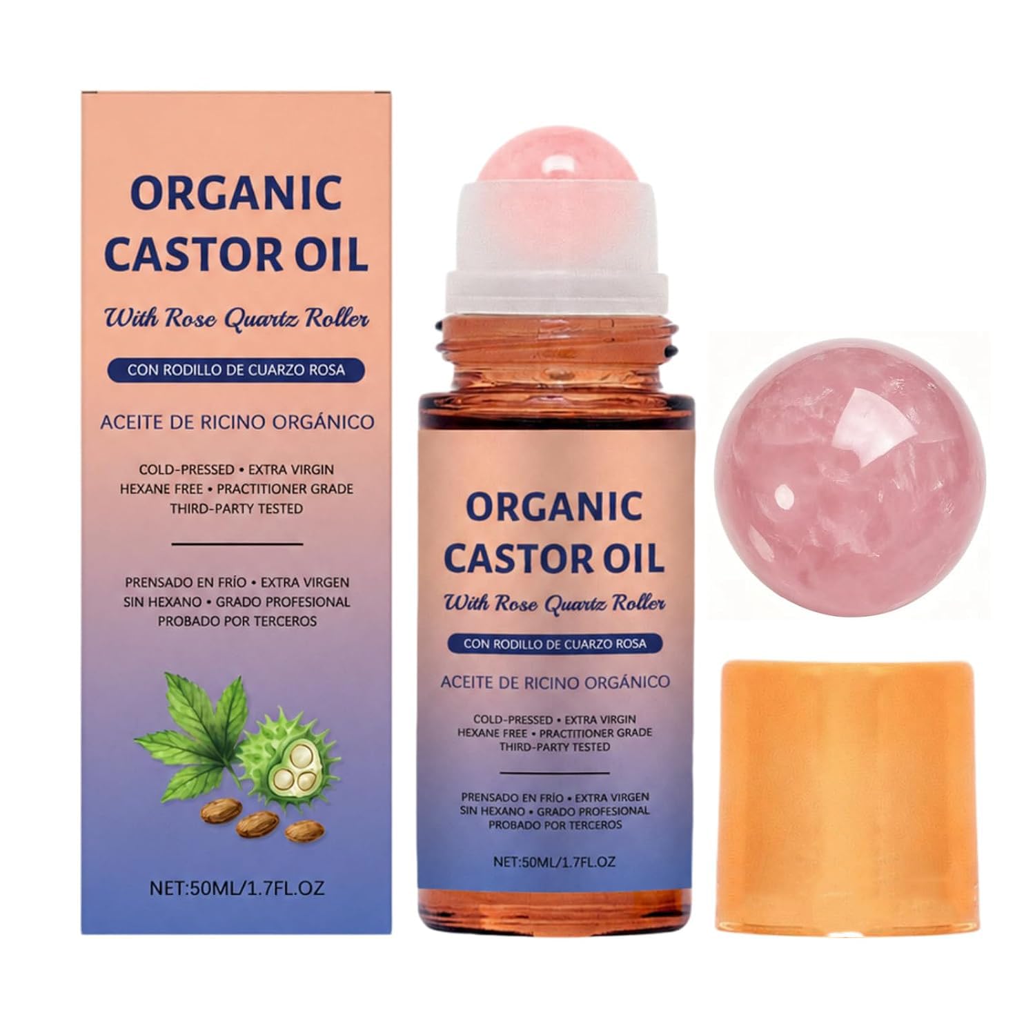 Organic Castor Oil Roll On With Rose Quartz Roller, 100% Organic Cold Pressed Castor Moisturizing Oil For Face And Body, Neck, Moisturize Skin 50Ml / 1.7 Fl Oz