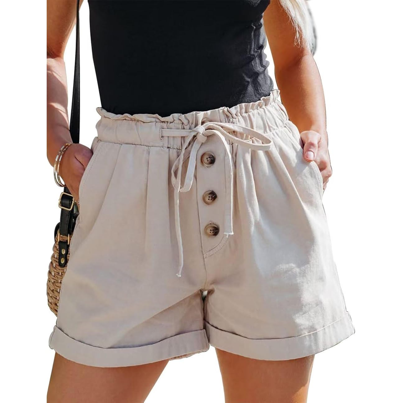 Womens Casual Shorts Summer Drawstring Elastic Waist Comfy Shorts with Pockets