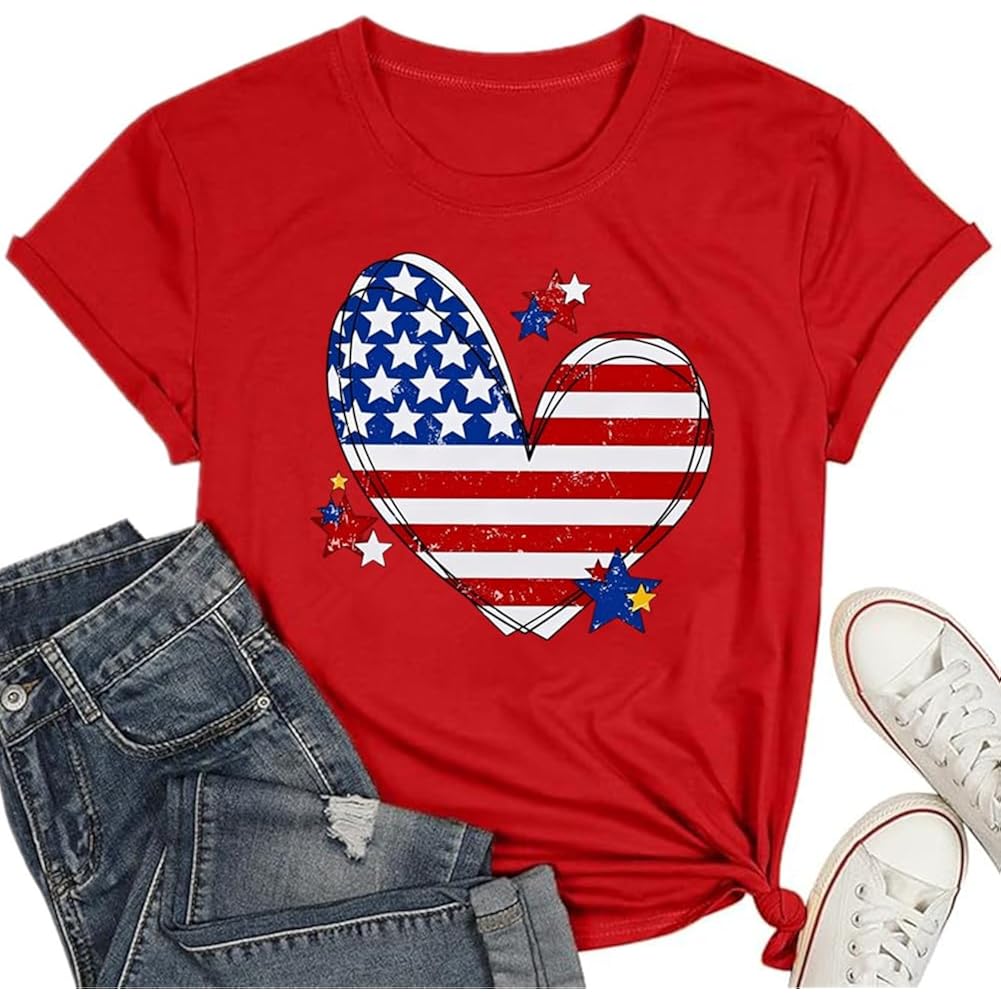 4th of July Shirts Women American Flag Patriotic T-Shirts USA Star Stripes Graphic Tee Tops