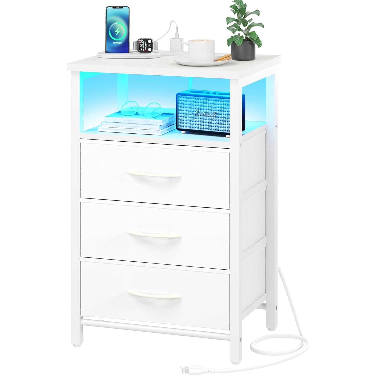 Yoobure Night Stand With Charging Station, 16 Colors Led Nightstand With Usb Ports And Outlets, End Table With 3 Fabric Drawers And Storage Shelf, Bedside Tables Small Dresser For Small Space White