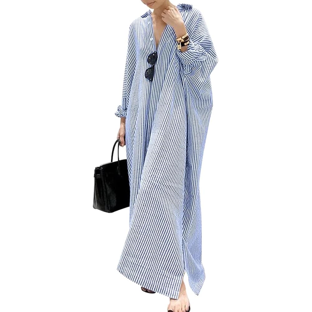 Chouyatou Women'S Casual Long Sleeve Button Down Loose Striped Cotton Maxi Shirt Dress