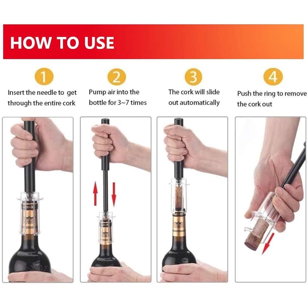 Air Pressure Pump Bottle Opener With Foil Cutter,Aerator Pourer,Vacuum Stopper(4Pcs),Simple Cork Remover,Efficient Corkscrew Bottle Opener,Great For Wine Lovers,Perfect Wine Gift.