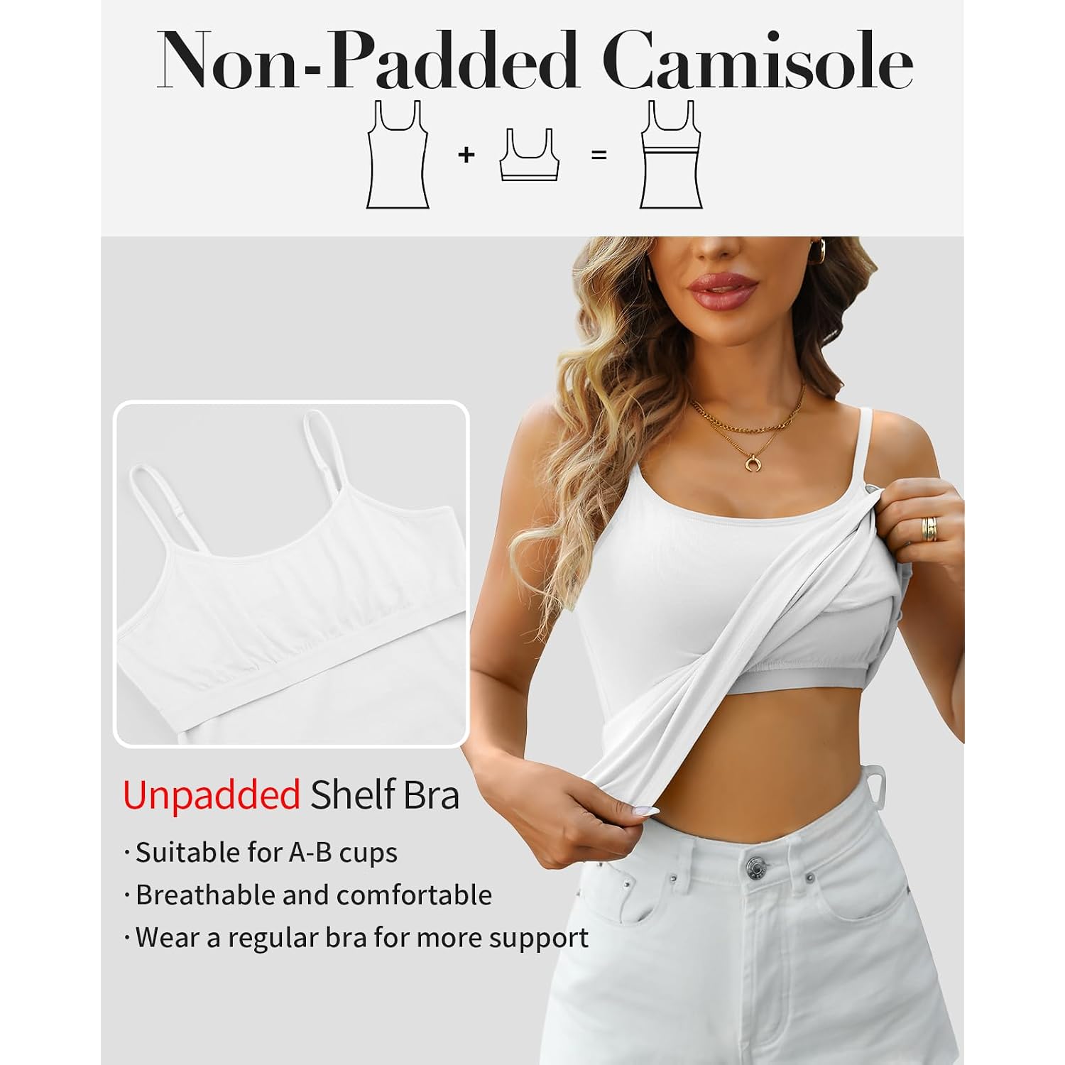 V FOR CITY Women's Non-Padded Shelf Bra Camisole Tops Adjustable Spaghetti Strap Cami Tank Cotton Undershirts 2 Pack