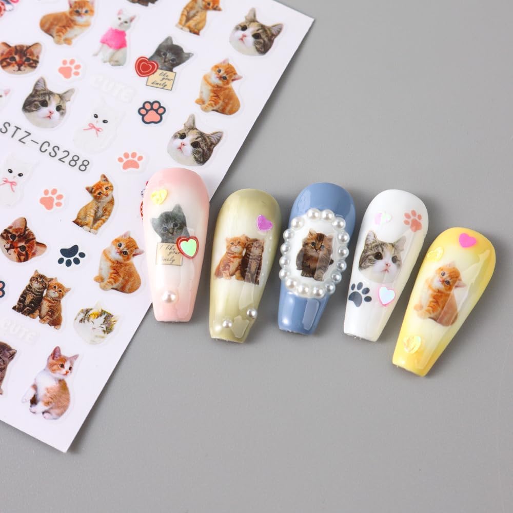 Cute Cat Nail Stickers 3 Sheets Heart Nail Decals Stickers for Nails Art Design Self-Adhesive Sticker DIY Nail Art Decoration Handmade Nails Supplies