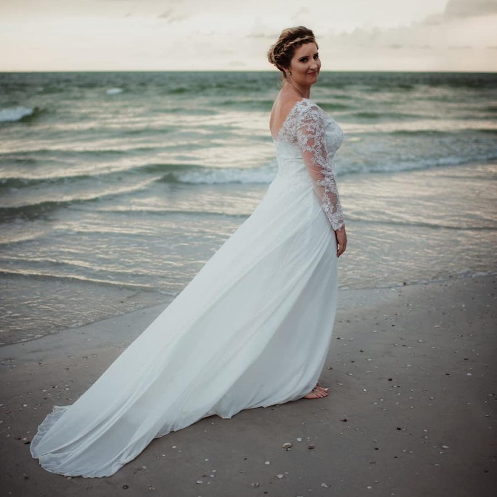 Findlovewedding Wedding Dresses For Bride With Lace Appliques Chiffon A Line Women Dress Long Sleeves Beach Bride Dress