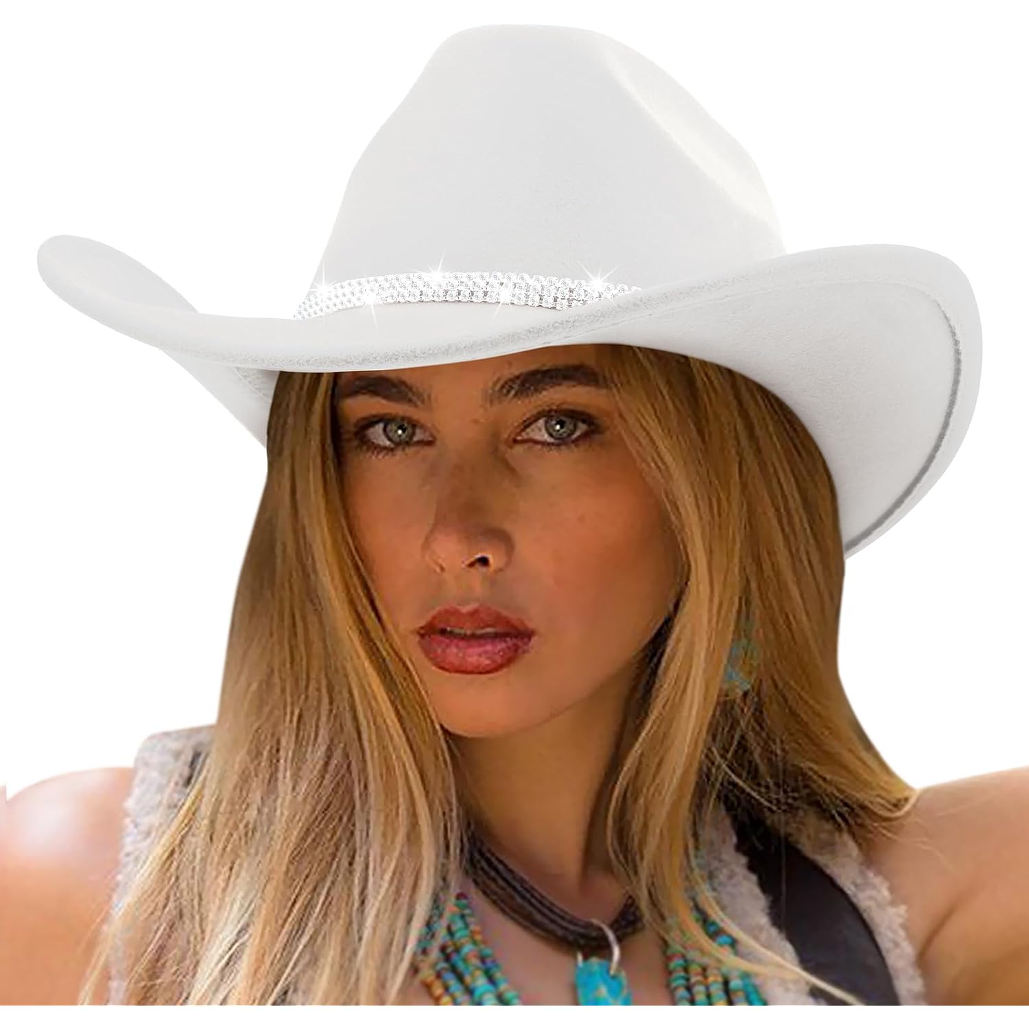 Dreshow Glitter Cowboy Hat Classic Western Rhinestone Cowgirl Hat Outdoor Wide Brim Retro Felt Fedora Hats Rolled Up Caps