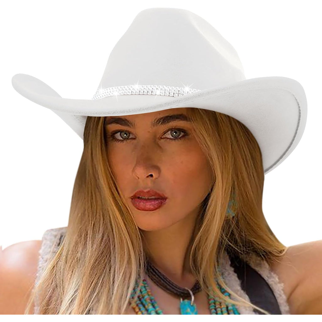 Dreshow Glitter Cowboy Hat Classic Western Rhinestone Cowgirl Hat Outdoor Wide Brim Retro Felt Fedora Hats Rolled Up Caps